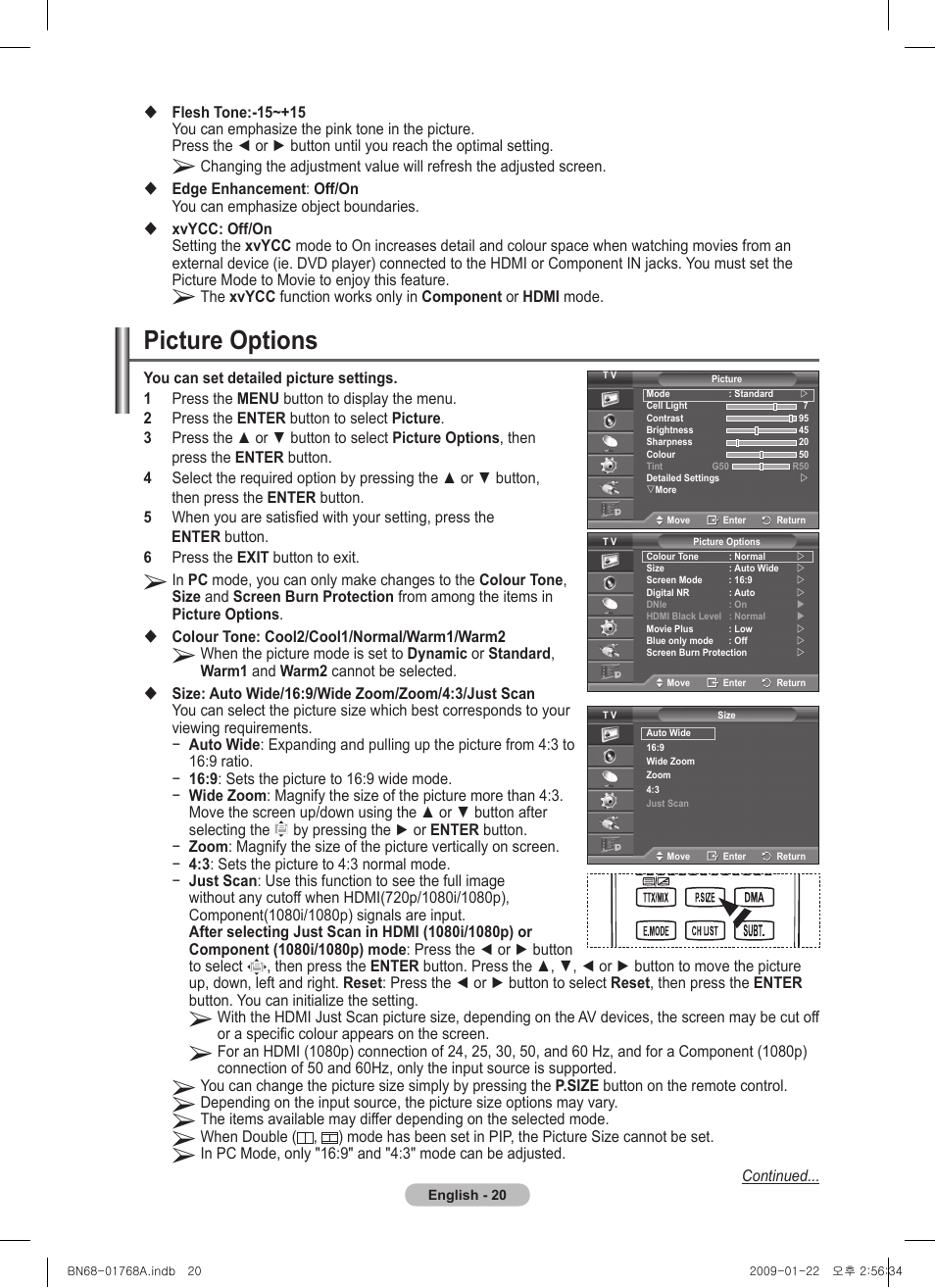 Picture options | Samsung PS58A656T1F User Manual | Page 20 / 567