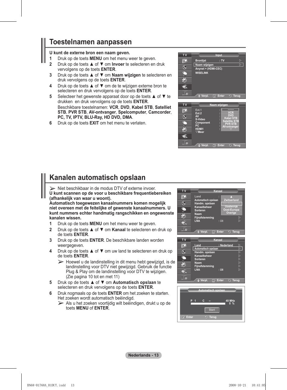 Kanalen automatisch opslaan, Toestelnamen aanpassen | Samsung PS58A656T1F User Manual | Page 203 / 567