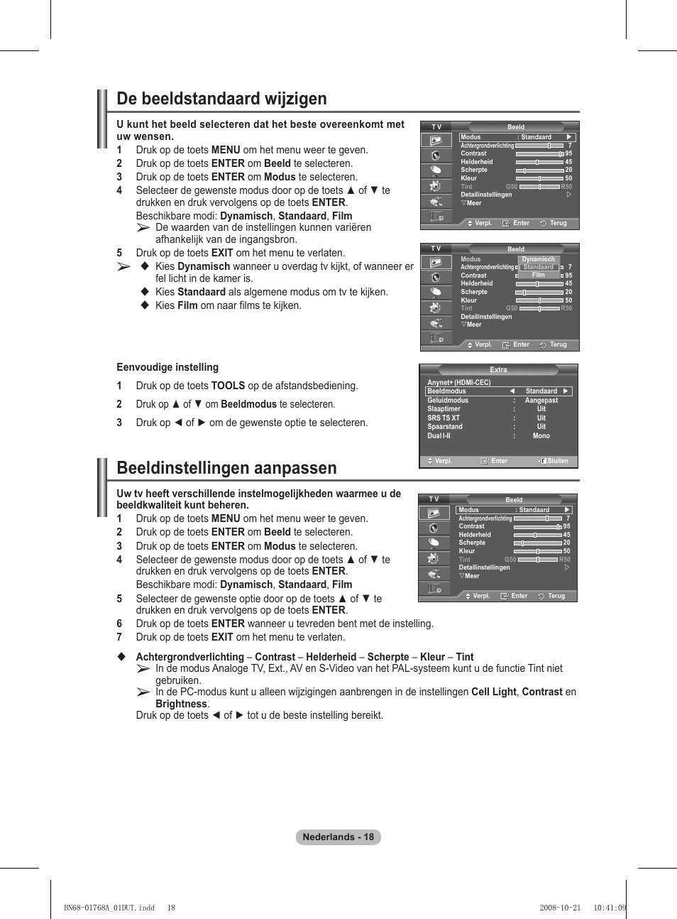 Beeldinstellingen aanpassen, De beeldstandaard wijzigen | Samsung PS58A656T1F User Manual | Page 208 / 567