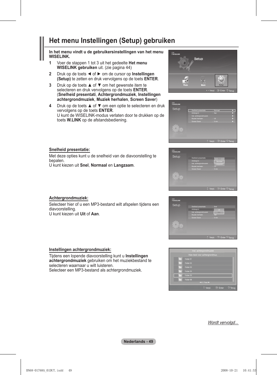 Het menu instellingen (setup) gebruiken, Wordt vervolgd, Nederlands - 4 | Samsung PS58A656T1F User Manual | Page 239 / 567