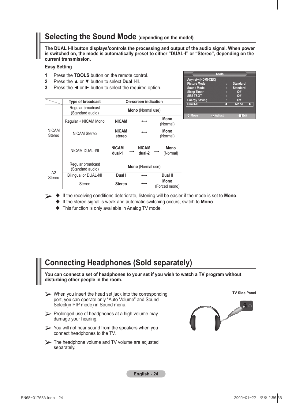 Selecting the sound mode, Connecting headphones (sold separately) | Samsung PS58A656T1F User Manual | Page 24 / 567