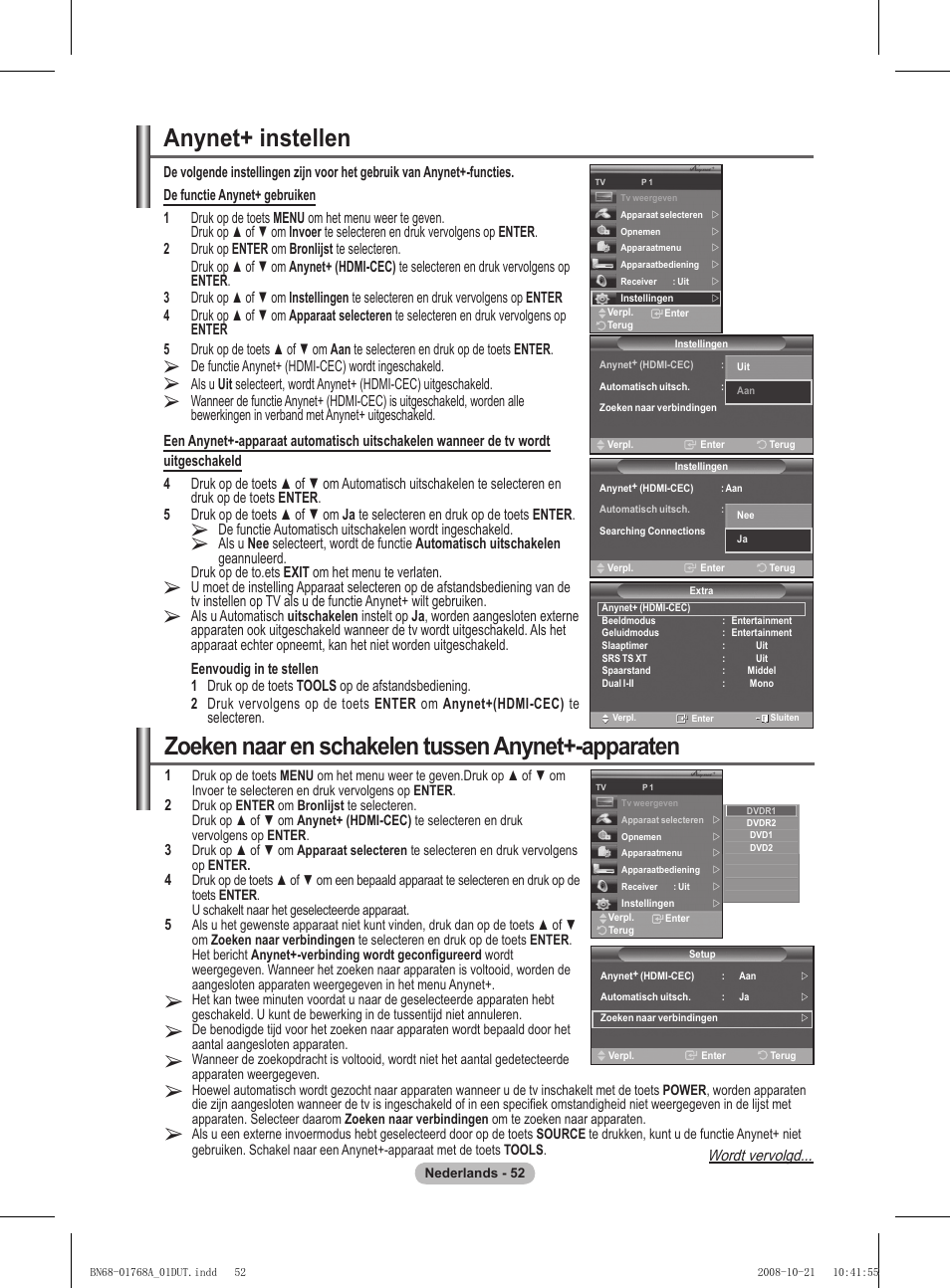 Anynet+ instellen, Zoeken naar en schakelen tussen anynet+-apparaten | Samsung PS58A656T1F User Manual | Page 242 / 567
