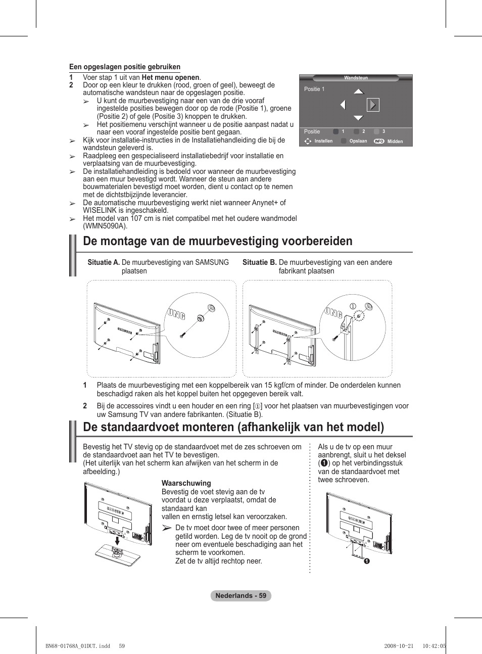 De montage van de muurbevestiging voorbereiden | Samsung PS58A656T1F User Manual | Page 249 / 567