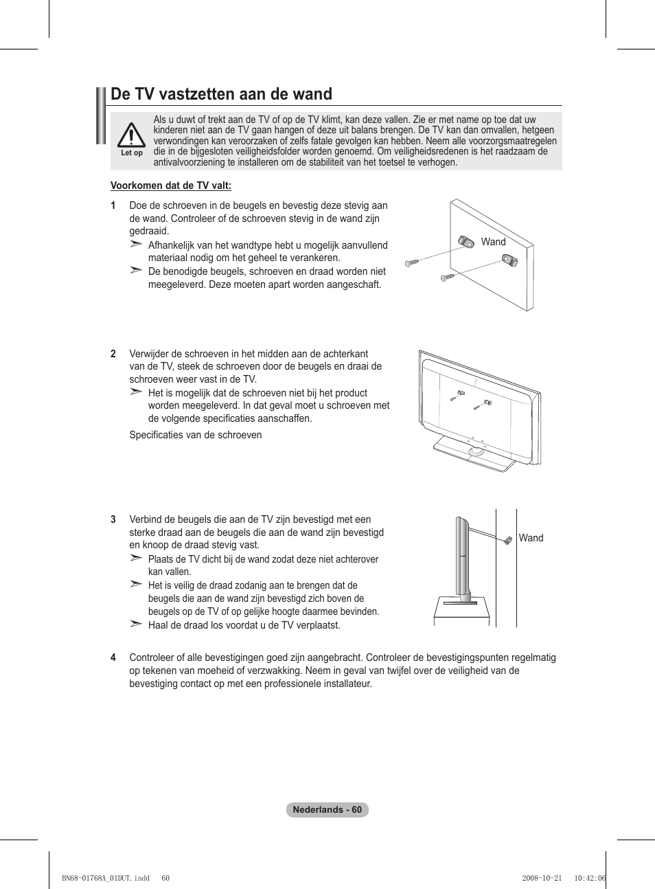De tv vastzetten aan de wand | Samsung PS58A656T1F User Manual | Page 250 / 567