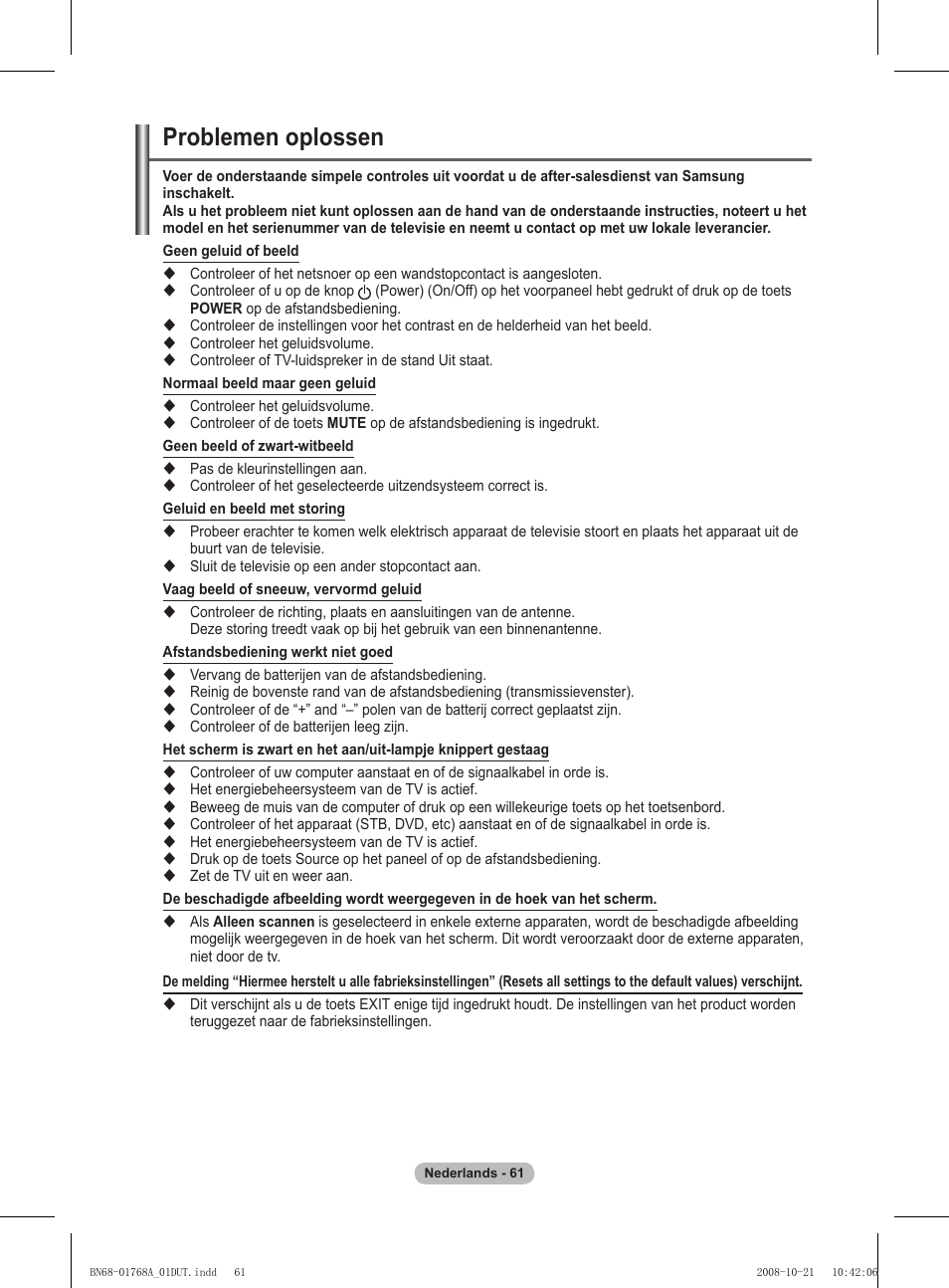 Problemen oplossen | Samsung PS58A656T1F User Manual | Page 251 / 567