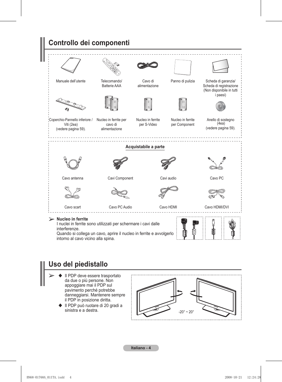 Uso del piedistallo, Controllo dei componenti | Samsung PS58A656T1F User Manual | Page 256 / 567