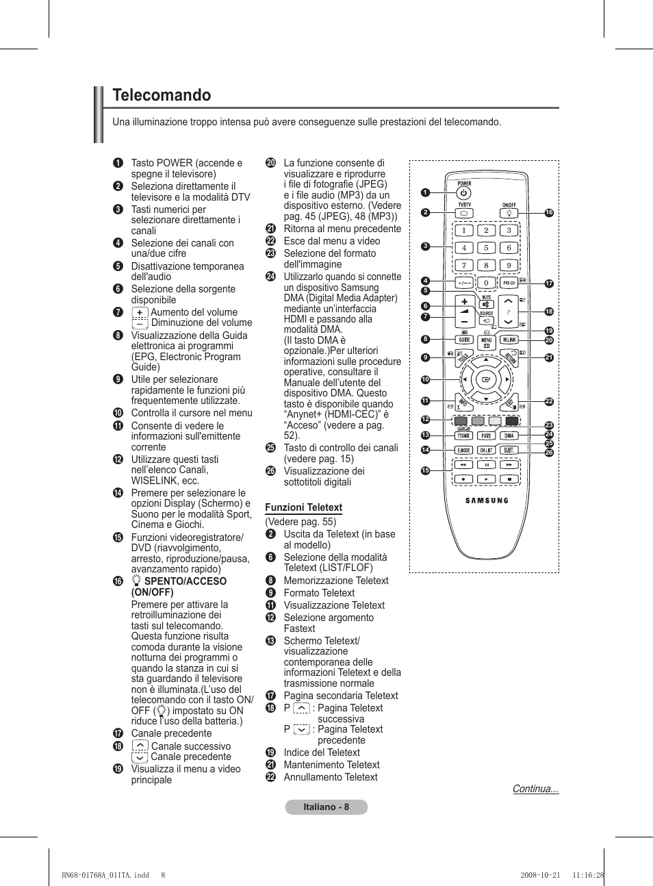 Telecomando | Samsung PS58A656T1F User Manual | Page 260 / 567