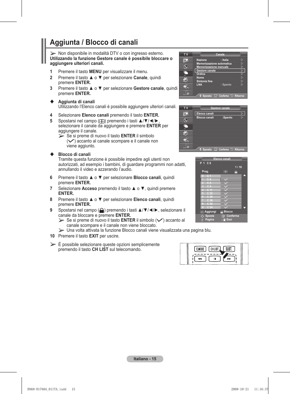 Aggiunta / blocco di canali | Samsung PS58A656T1F User Manual | Page 267 / 567