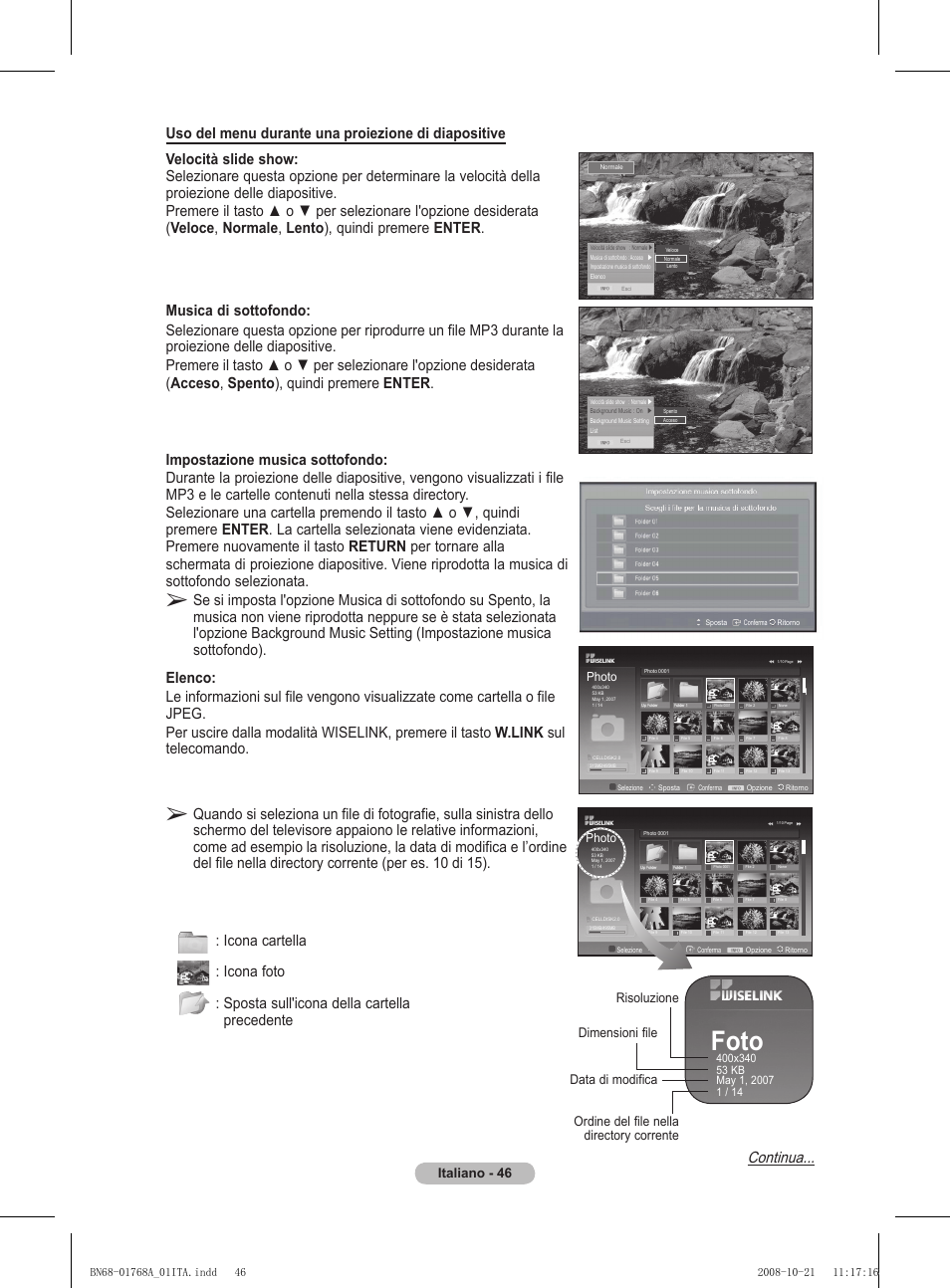 Foto, Continua, Italiano - 4 | Risoluzione data di modifica dimensioni file, Ordine del file nella directory corrente | Samsung PS58A656T1F User Manual | Page 298 / 567