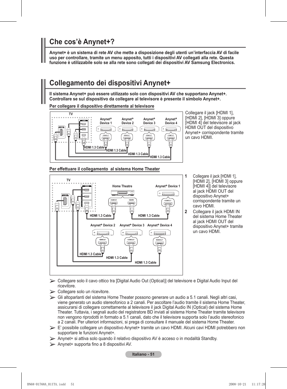Collegamento dei dispositivi anynet, Che cos’è anynet | Samsung PS58A656T1F User Manual | Page 303 / 567