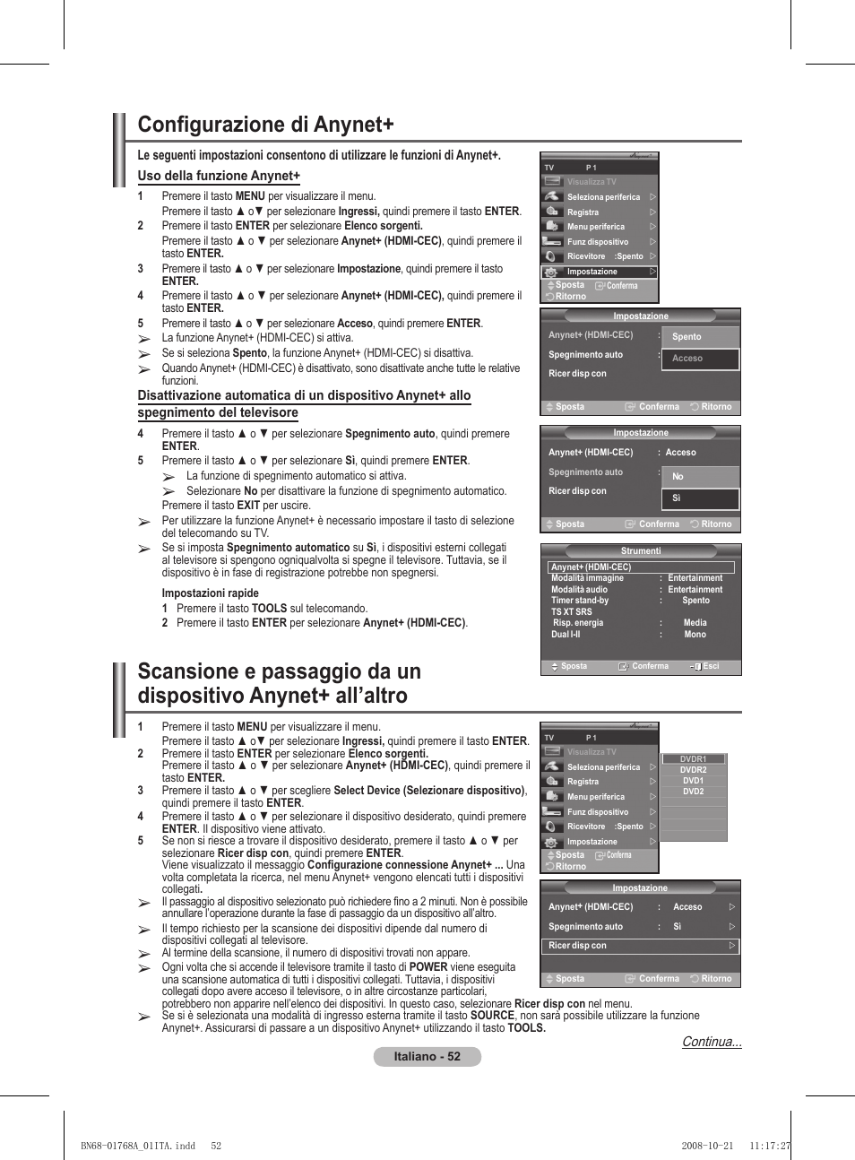 Configurazione di anynet, Continua | Samsung PS58A656T1F User Manual | Page 304 / 567
