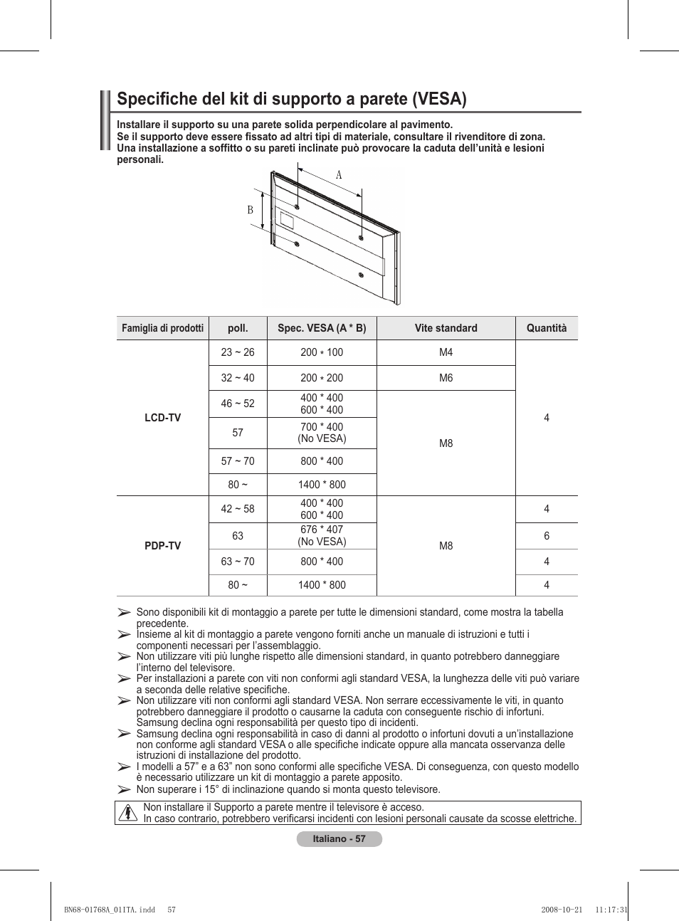 Specifiche del kit di supporto a parete (vesa) | Samsung PS58A656T1F User Manual | Page 309 / 567
