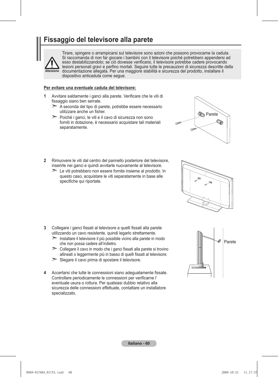 Fissaggio del televisore alla parete | Samsung PS58A656T1F User Manual | Page 312 / 567