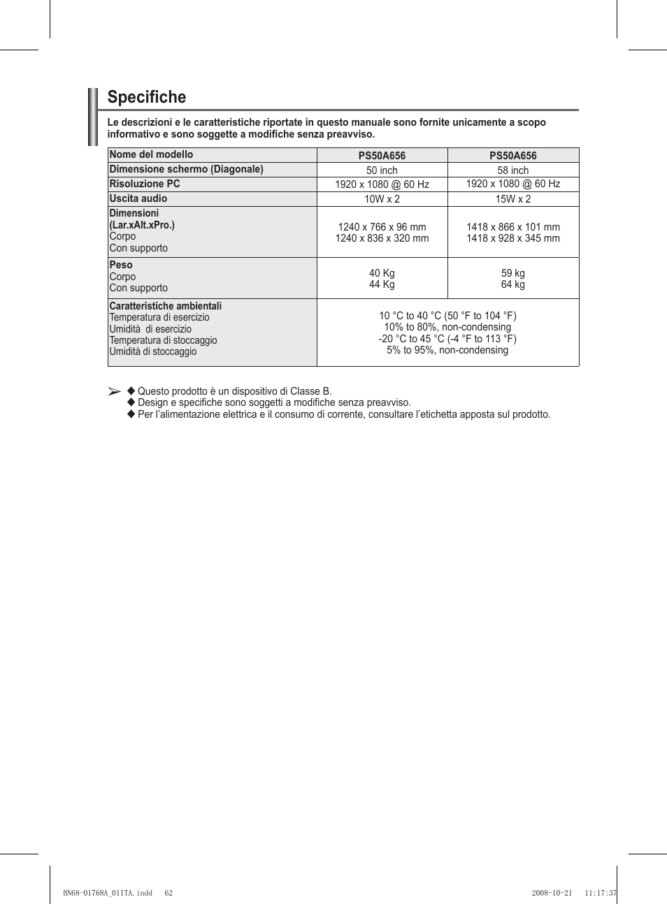 Specifiche | Samsung PS58A656T1F User Manual | Page 314 / 567