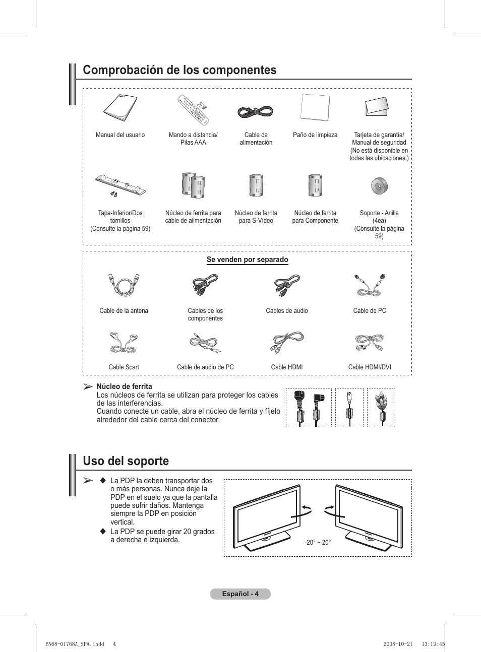Uso del soporte, Comprobación de los componentes | Samsung PS58A656T1F User Manual | Page 319 / 567