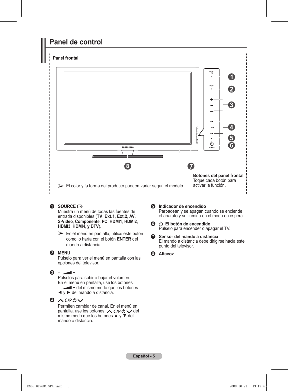 Panel de control | Samsung PS58A656T1F User Manual | Page 320 / 567