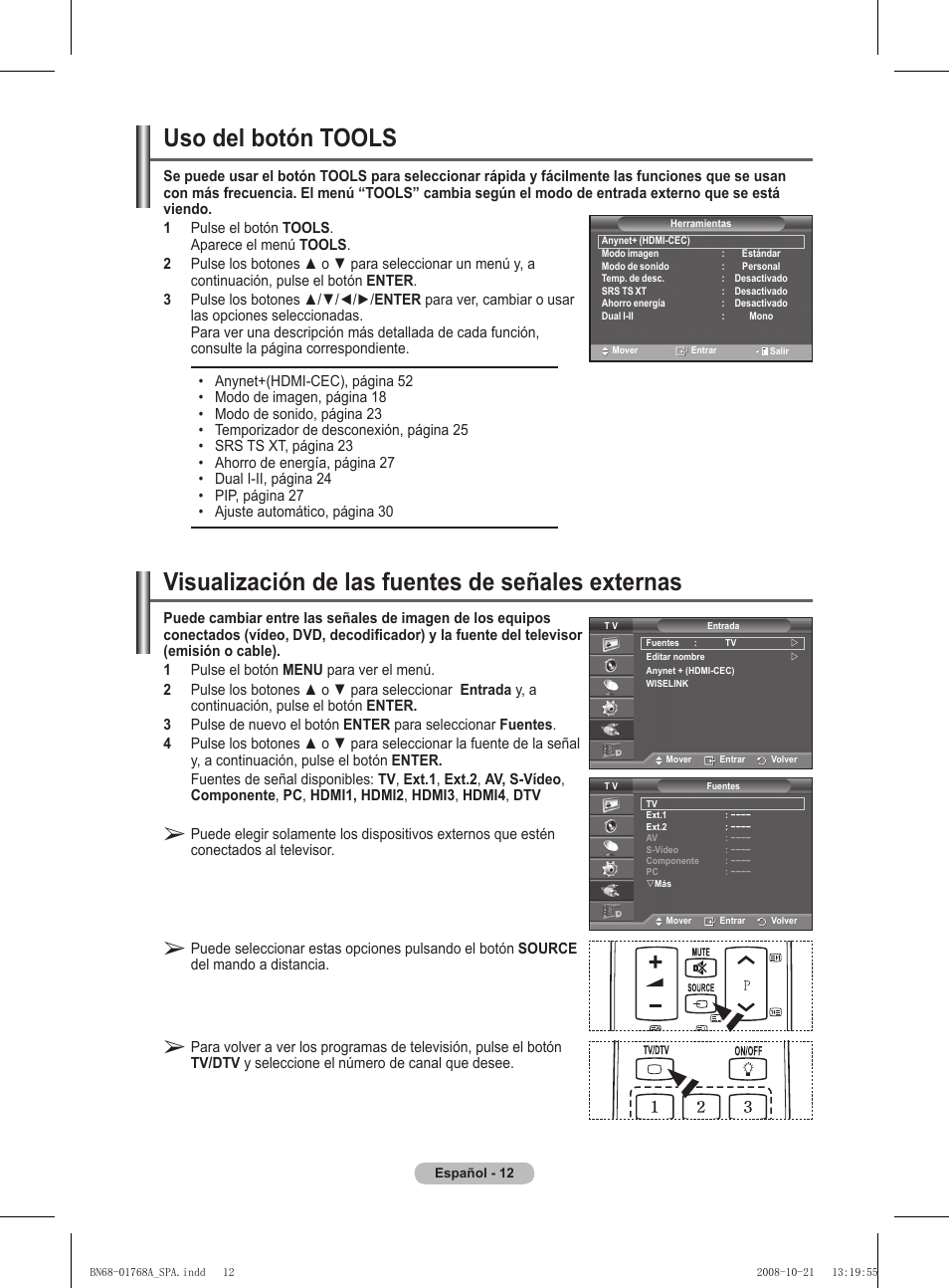 Visualización de las fuentes de señales externas, Uso del botón tools | Samsung PS58A656T1F User Manual | Page 327 / 567