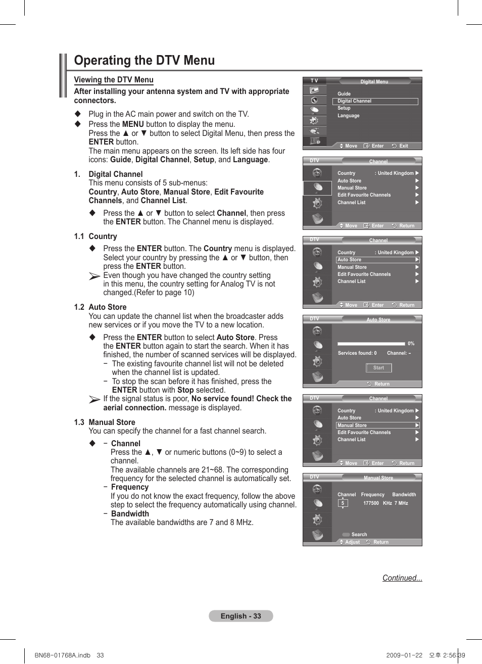 Operating the dtv menu | Samsung PS58A656T1F User Manual | Page 33 / 567