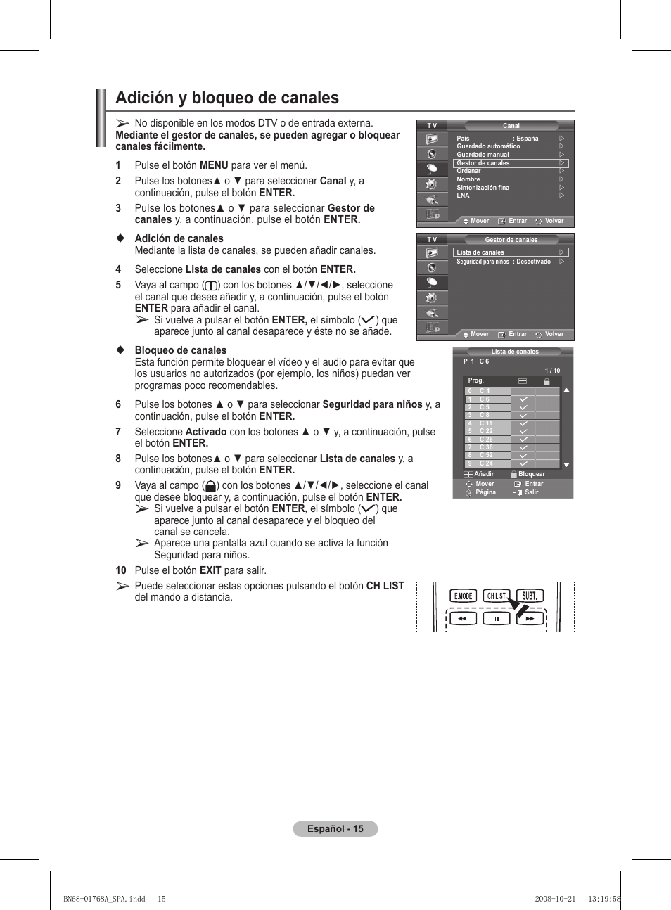 Adición y bloqueo de canales | Samsung PS58A656T1F User Manual | Page 330 / 567
