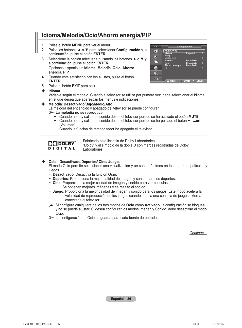 Idioma/melodía/ocio/ahorro energía/pip | Samsung PS58A656T1F User Manual | Page 341 / 567