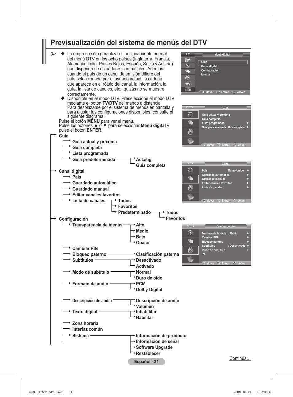 Previsualización del sistema de menús del dtv | Samsung PS58A656T1F User Manual | Page 346 / 567