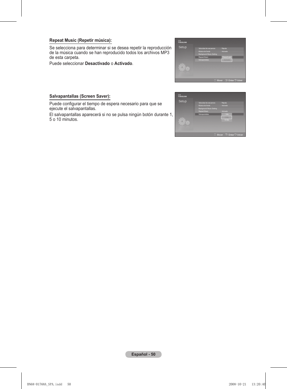 Español - 50 | Samsung PS58A656T1F User Manual | Page 365 / 567