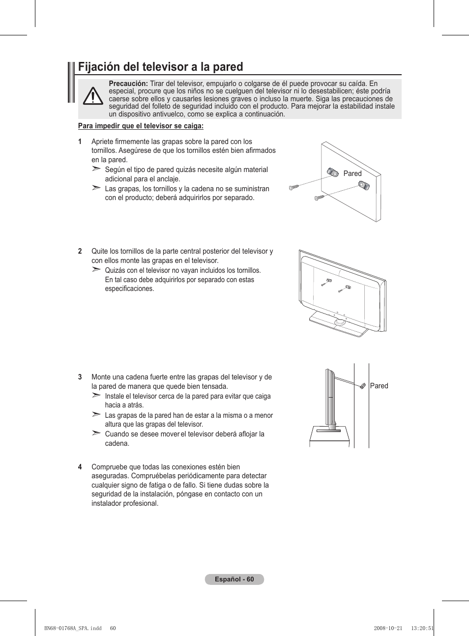 Fijación del televisor a la pared | Samsung PS58A656T1F User Manual | Page 375 / 567
