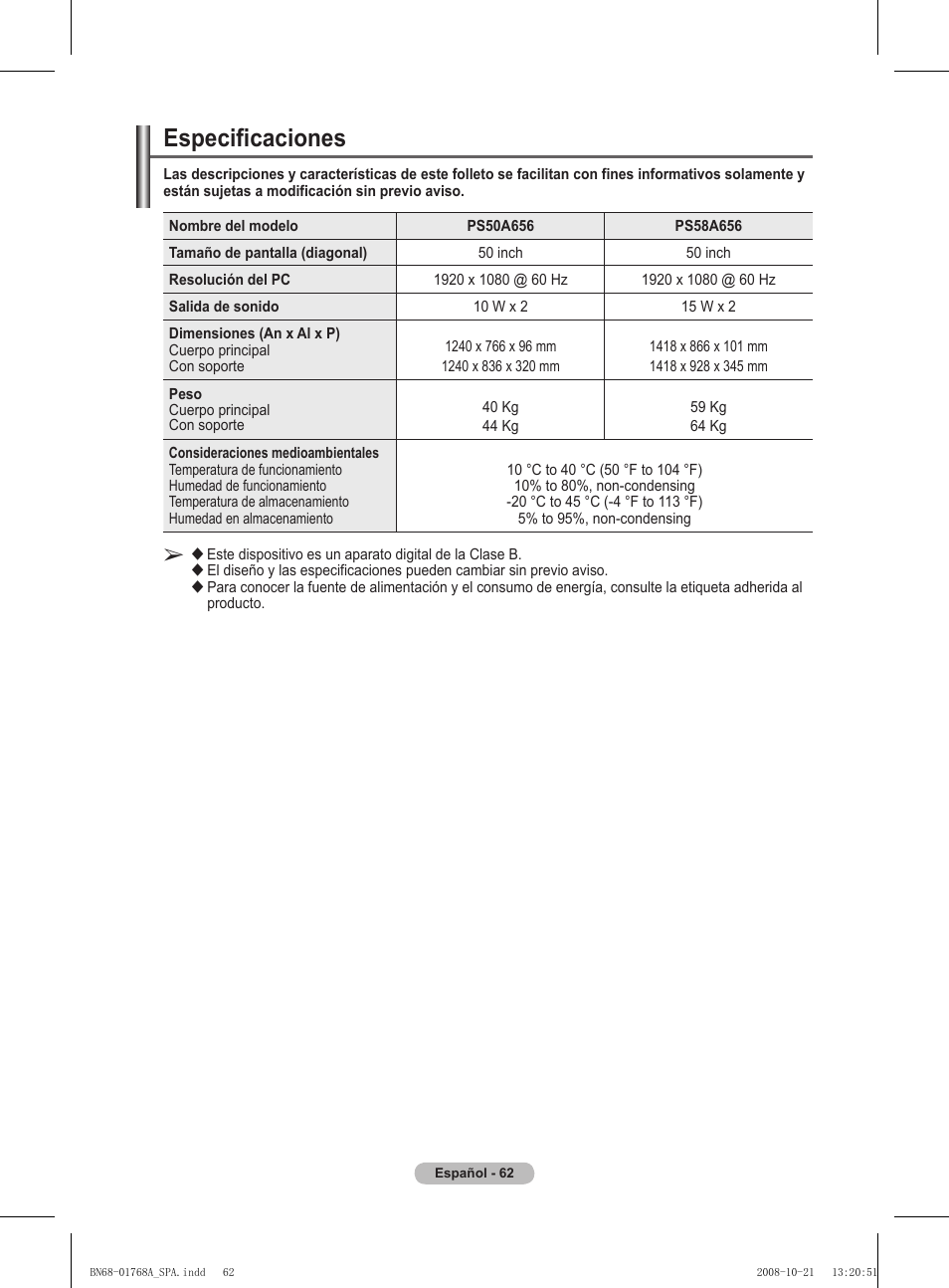 Especificaciones | Samsung PS58A656T1F User Manual | Page 377 / 567