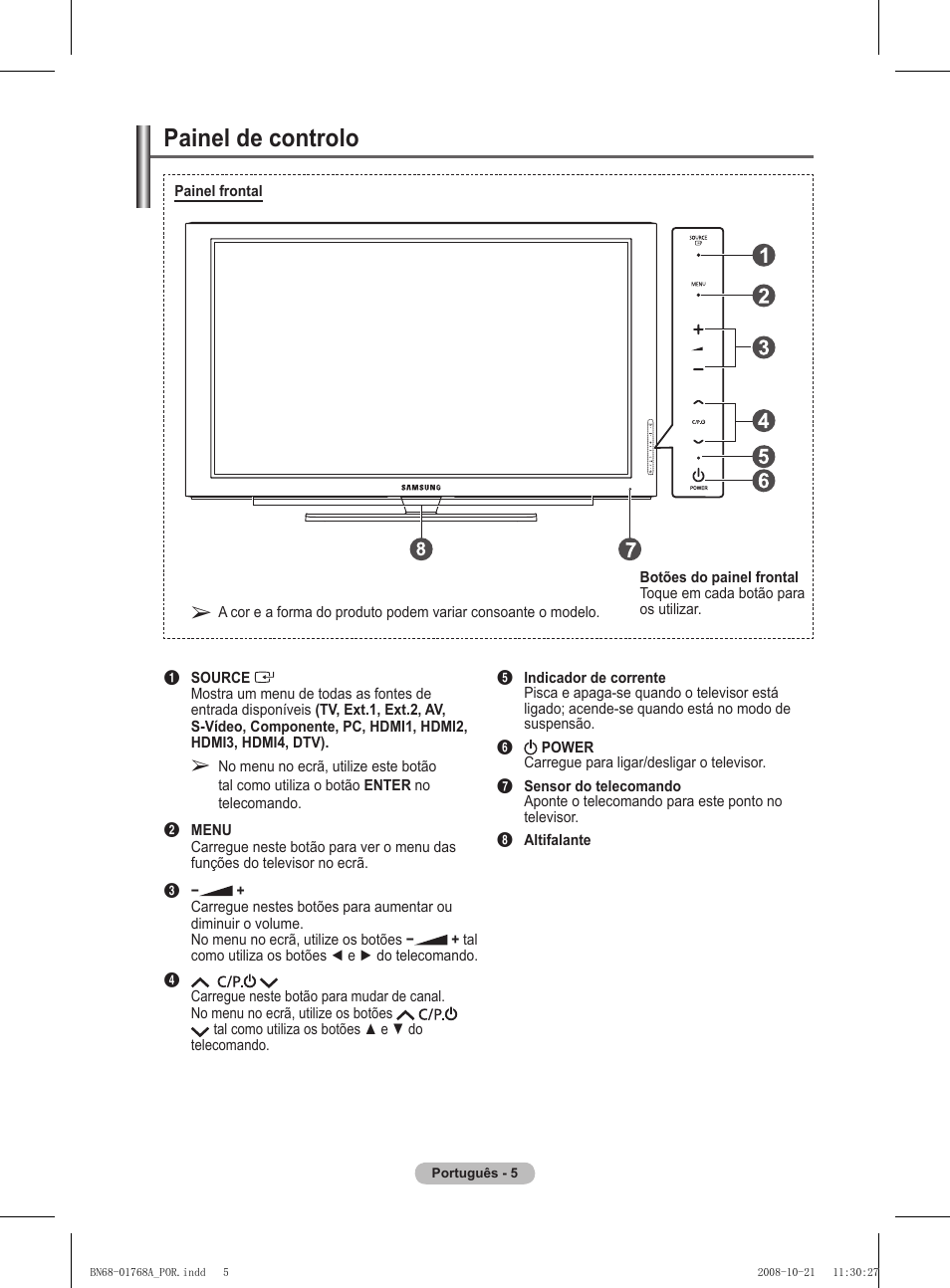 Painel de controlo | Samsung PS58A656T1F User Manual | Page 382 / 567