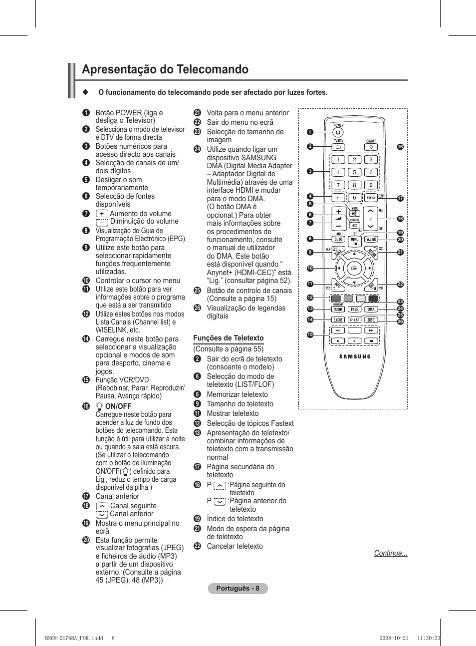 Apresentação do telecomando | Samsung PS58A656T1F User Manual | Page 385 / 567