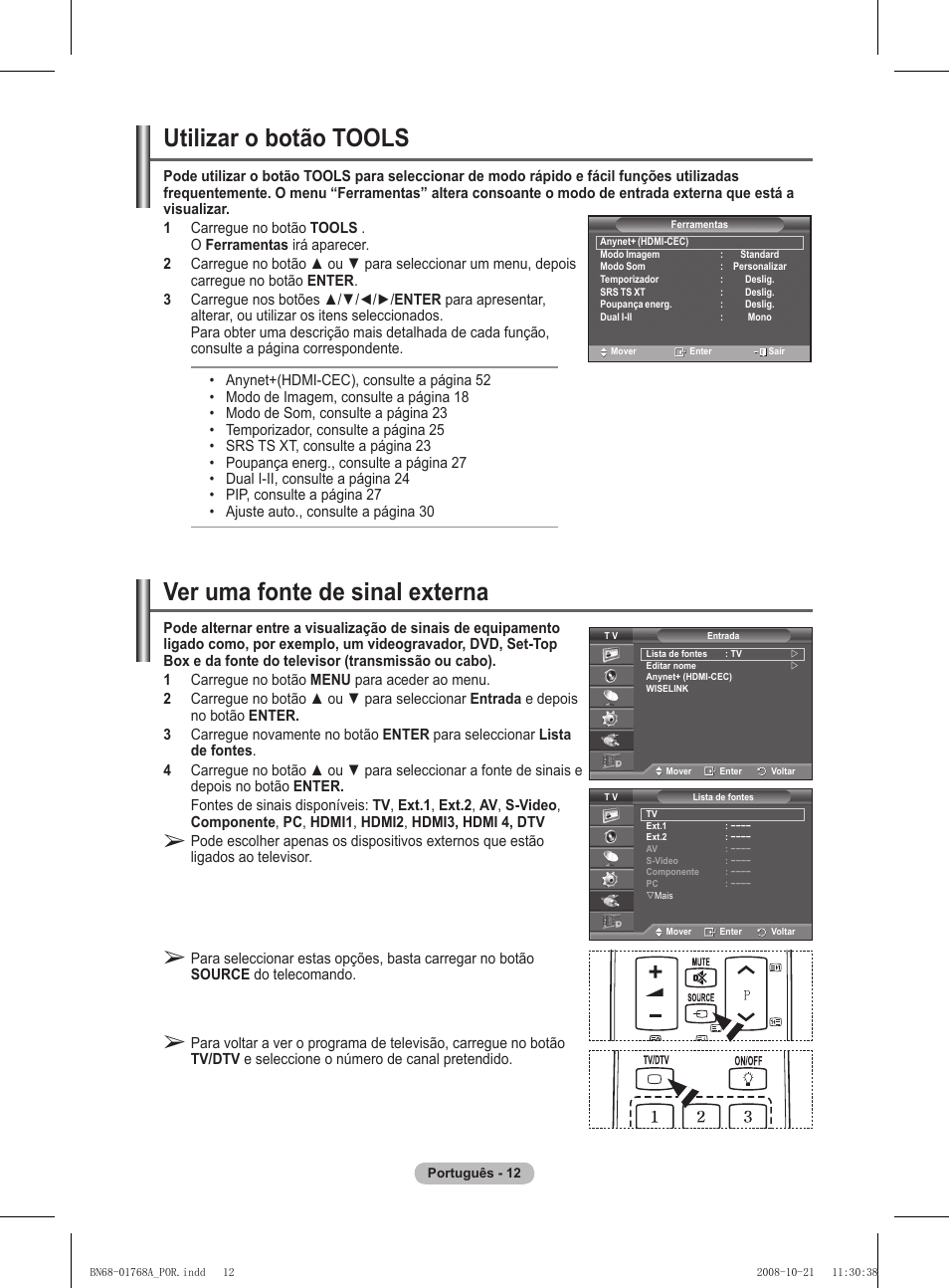 Utilizar o botão tools, Ver uma fonte de sinal externa | Samsung PS58A656T1F User Manual | Page 389 / 567