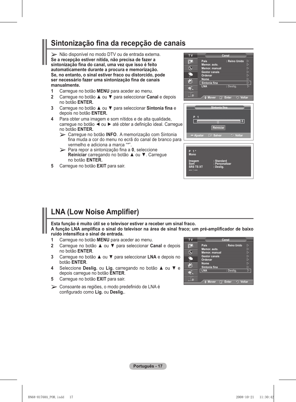 Lna (low noise amplifier), Sintonização fina da recepção de canais | Samsung PS58A656T1F User Manual | Page 394 / 567
