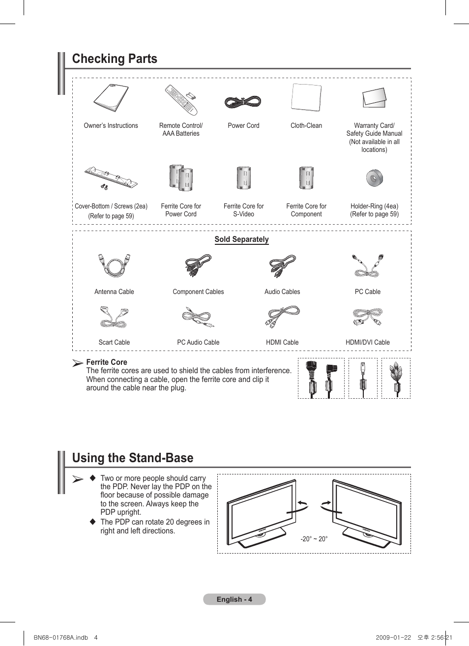 Checking parts, Using the stand-base | Samsung PS58A656T1F User Manual | Page 4 / 567