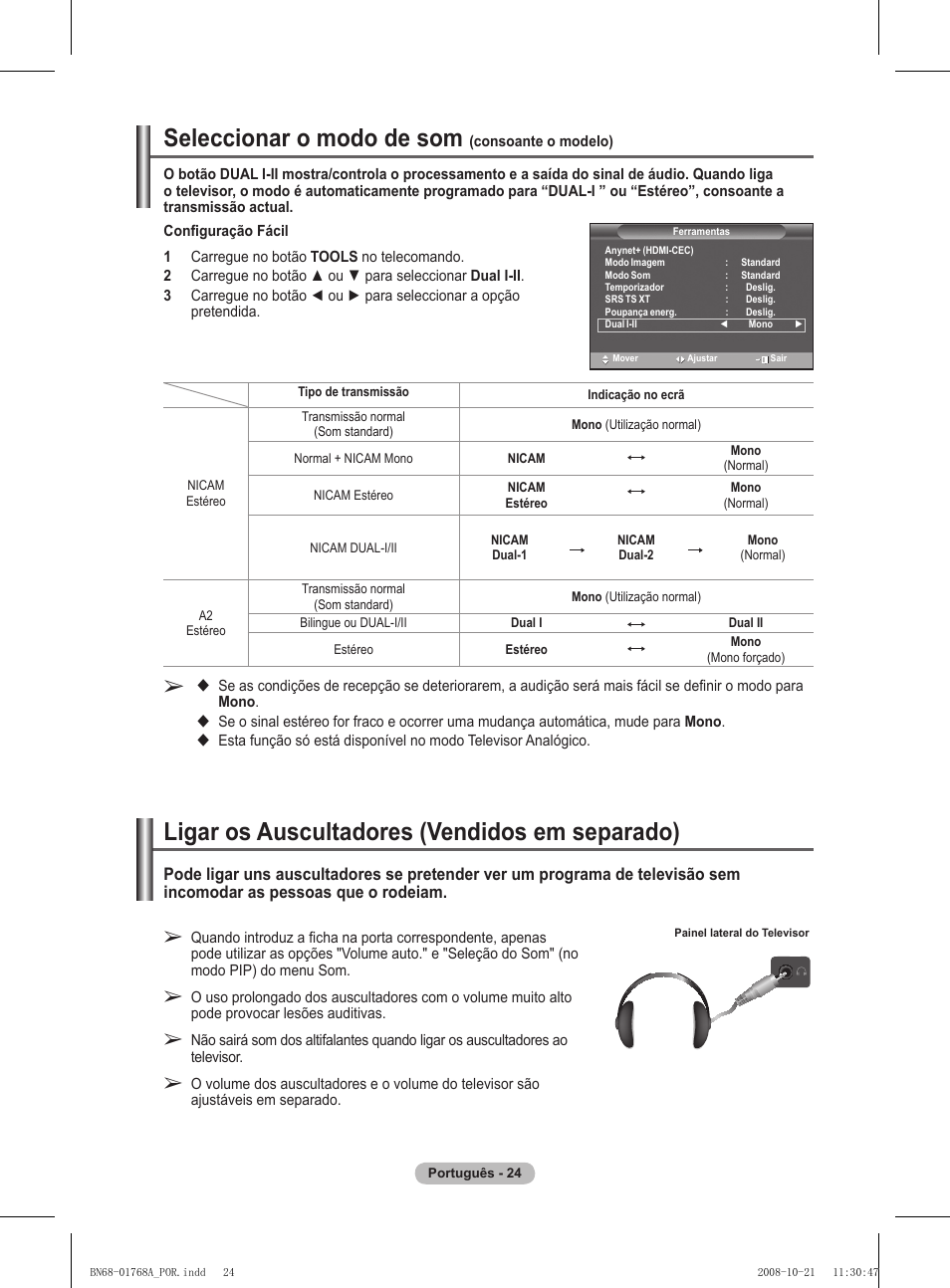 Seleccionar o modo de som, Ligar os auscultadores (vendidos em separado) | Samsung PS58A656T1F User Manual | Page 401 / 567