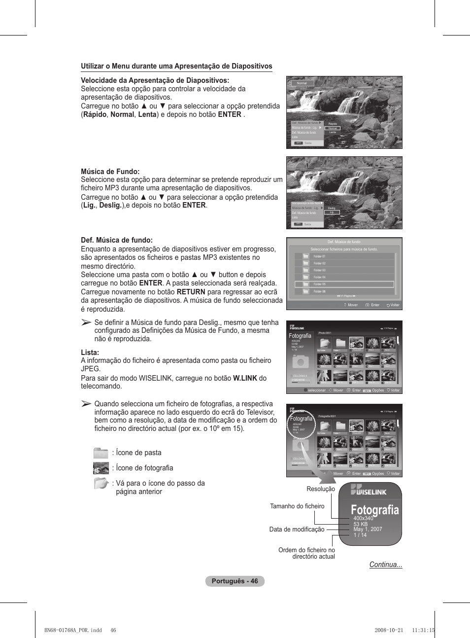 Fotografia, Português - 4, Resolução data de modificação tamanho do ficheiro | Ordem do ficheiro no directório actual | Samsung PS58A656T1F User Manual | Page 423 / 567