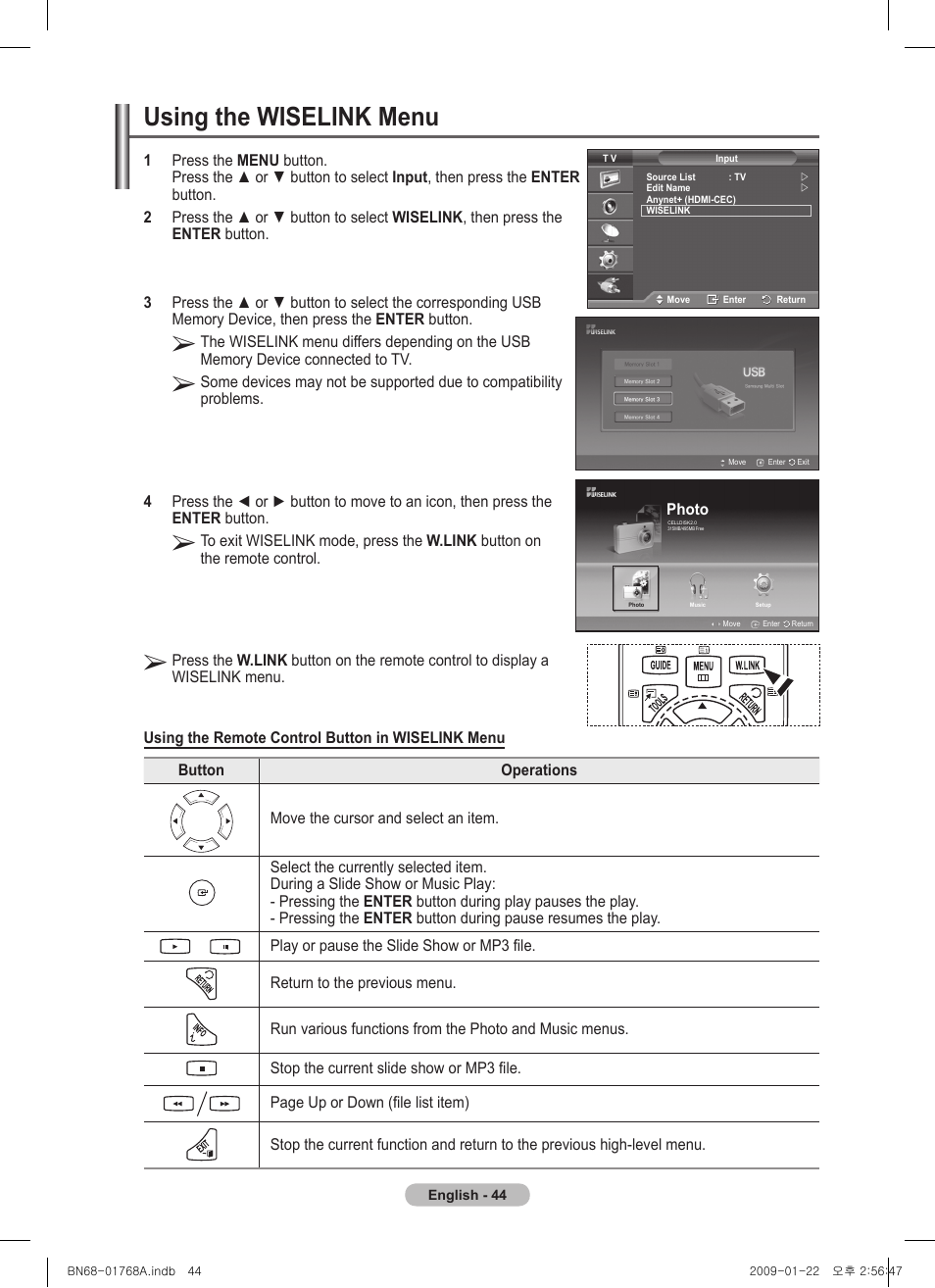 Using the wiselink menu | Samsung PS58A656T1F User Manual | Page 44 / 567