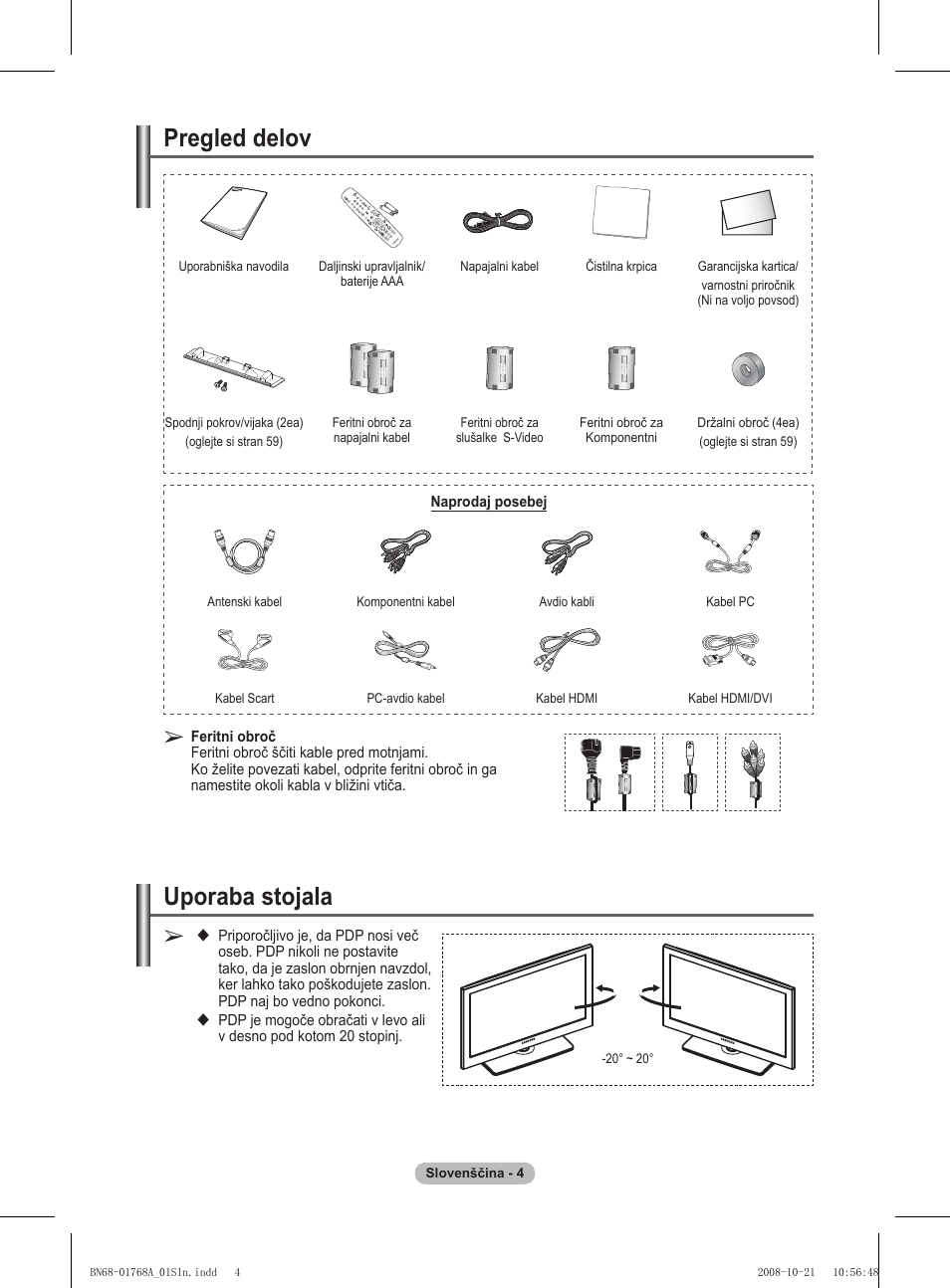 Uporaba stojala, Pregled delov | Samsung PS58A656T1F User Manual | Page 444 / 567