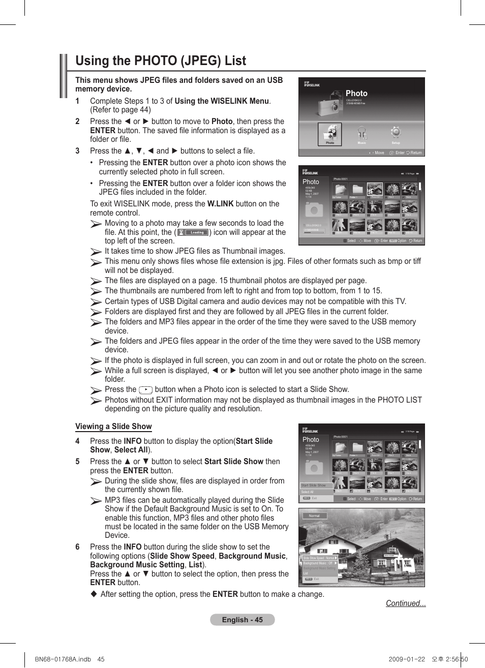 Using the photo (jpeg) list | Samsung PS58A656T1F User Manual | Page 45 / 567