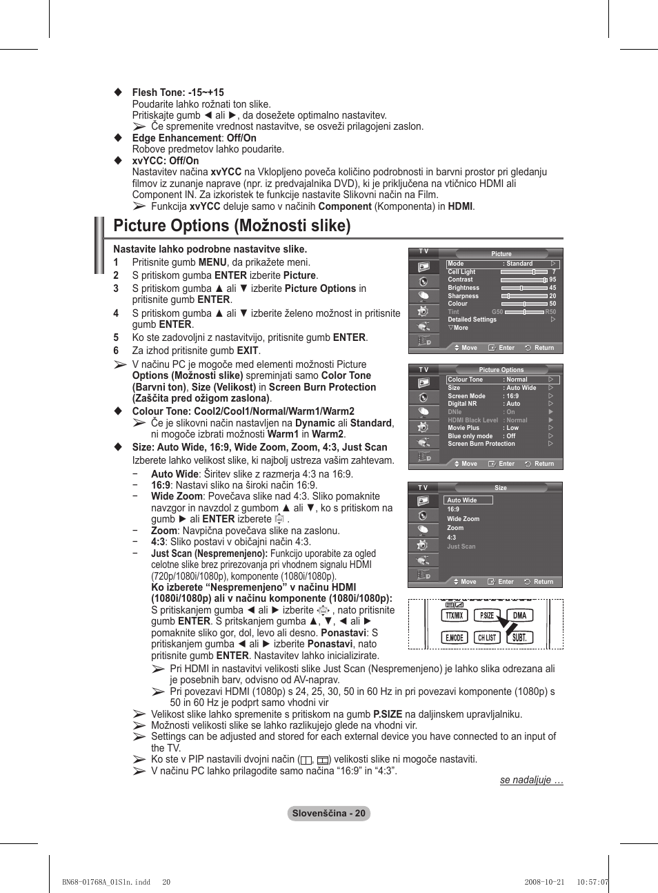 Picture options (možnosti slike) | Samsung PS58A656T1F User Manual | Page 460 / 567