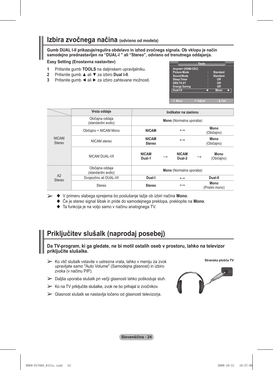 Izbira zvočnega načina, Priključitev slušalk (naprodaj posebej) | Samsung PS58A656T1F User Manual | Page 464 / 567