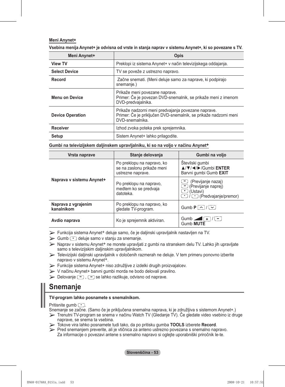 Snemanje | Samsung PS58A656T1F User Manual | Page 493 / 567