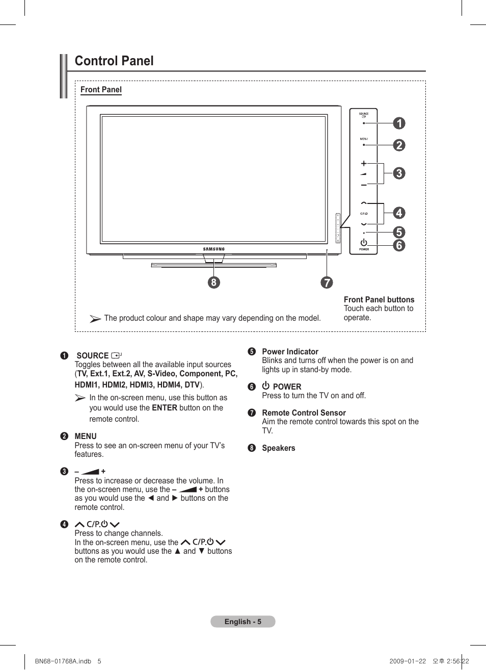 Control panel | Samsung PS58A656T1F User Manual | Page 5 / 567