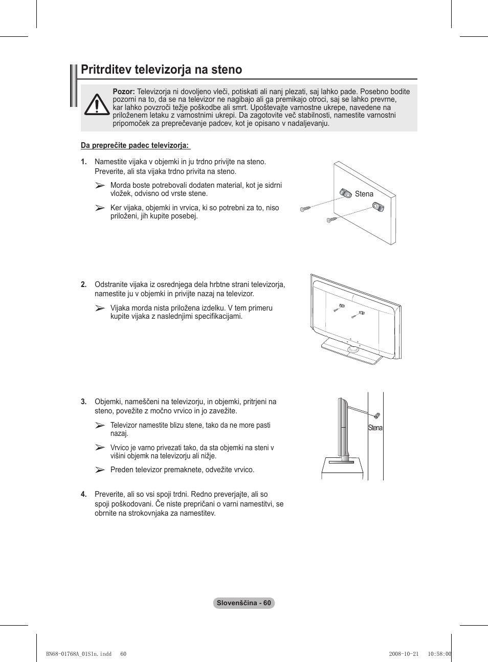 Pritrditev televizorja na steno | Samsung PS58A656T1F User Manual | Page 500 / 567