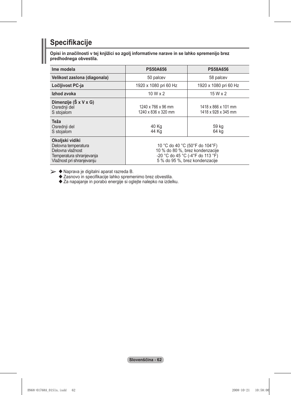 Specifikacije | Samsung PS58A656T1F User Manual | Page 502 / 567