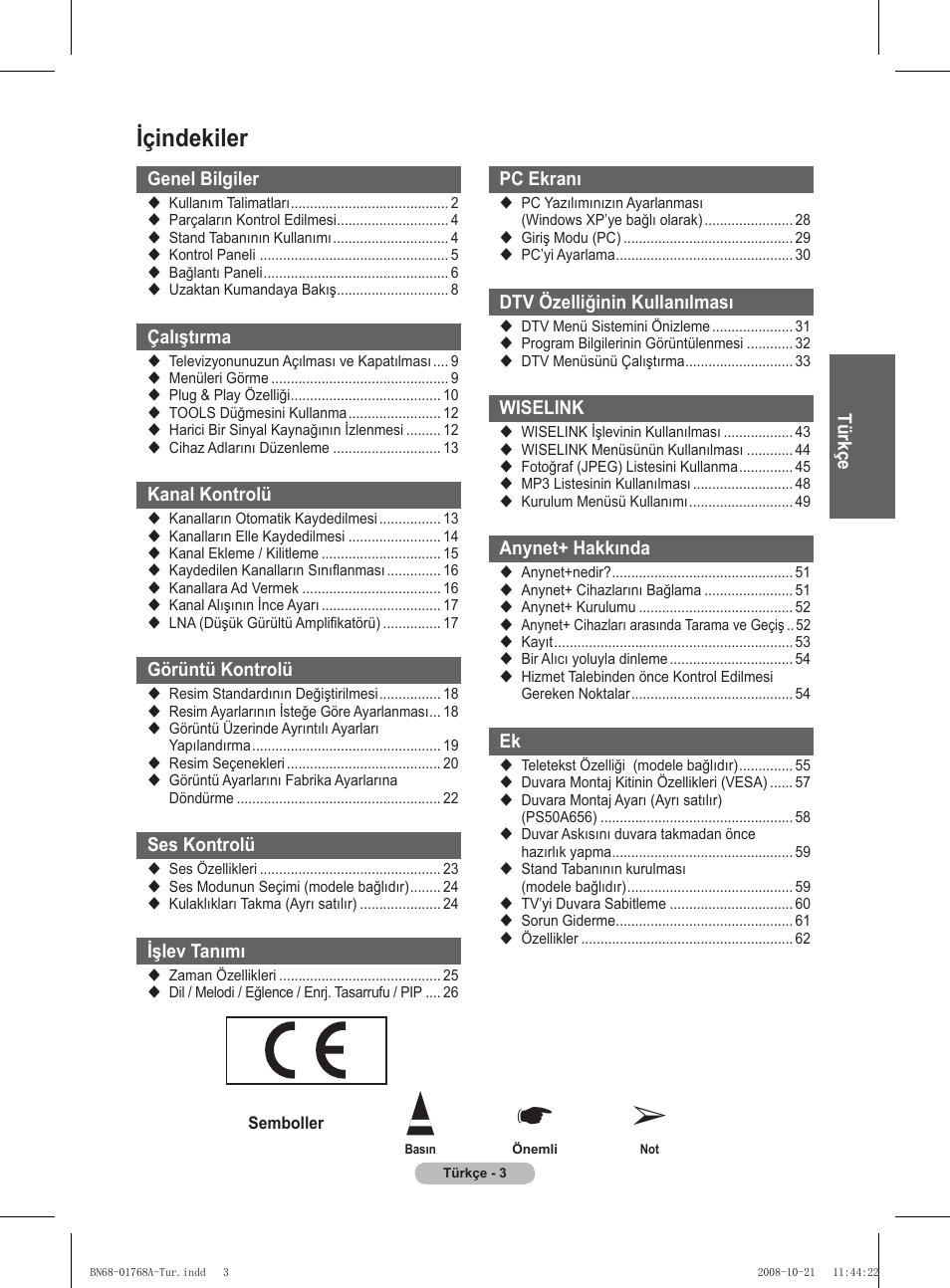 Içindekiler | Samsung PS58A656T1F User Manual | Page 506 / 567