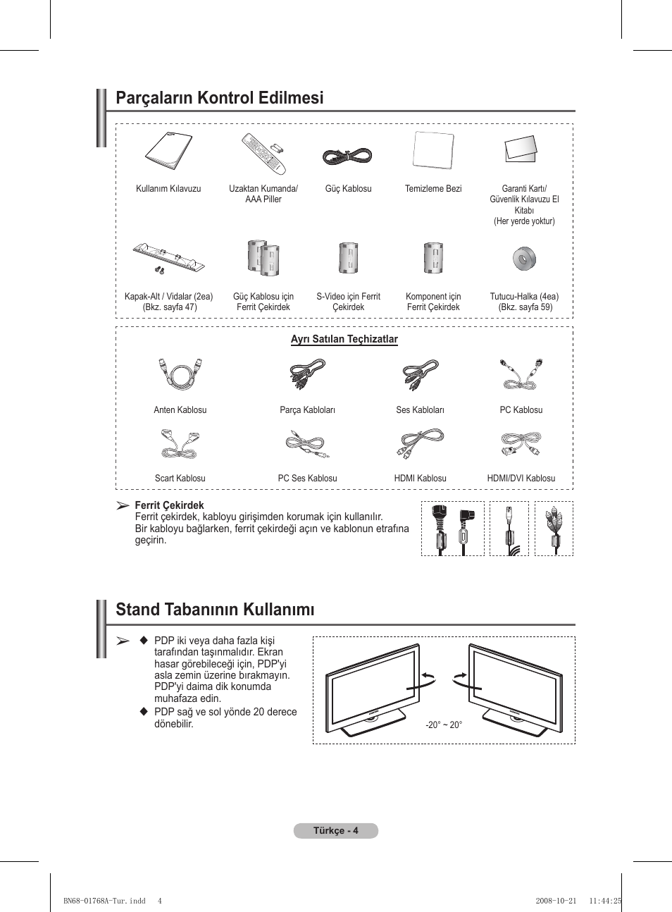 Parçaların kontrol edilmesi, Stand tabanının kullanımı | Samsung PS58A656T1F User Manual | Page 507 / 567