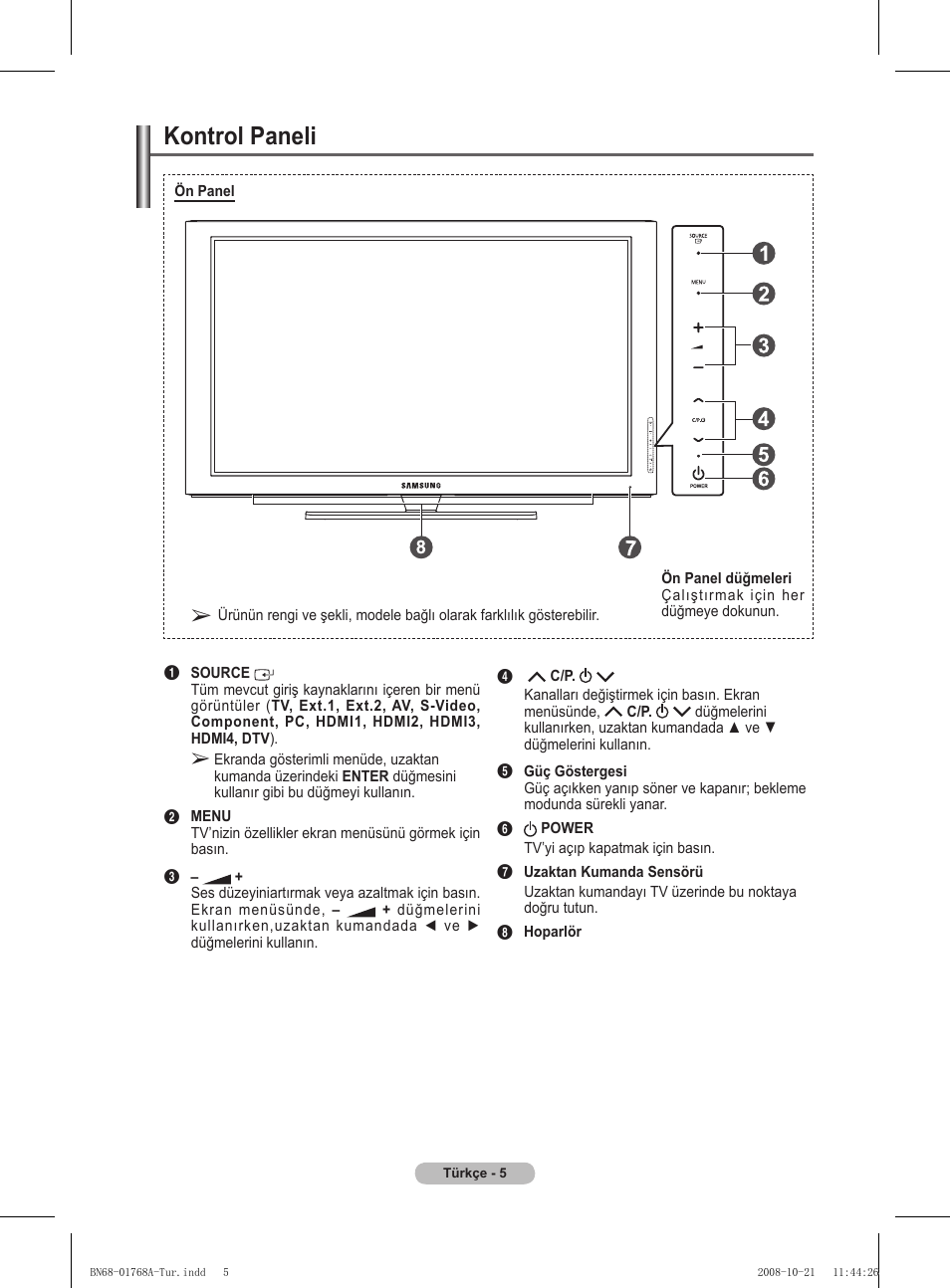 Kontrol paneli | Samsung PS58A656T1F User Manual | Page 508 / 567