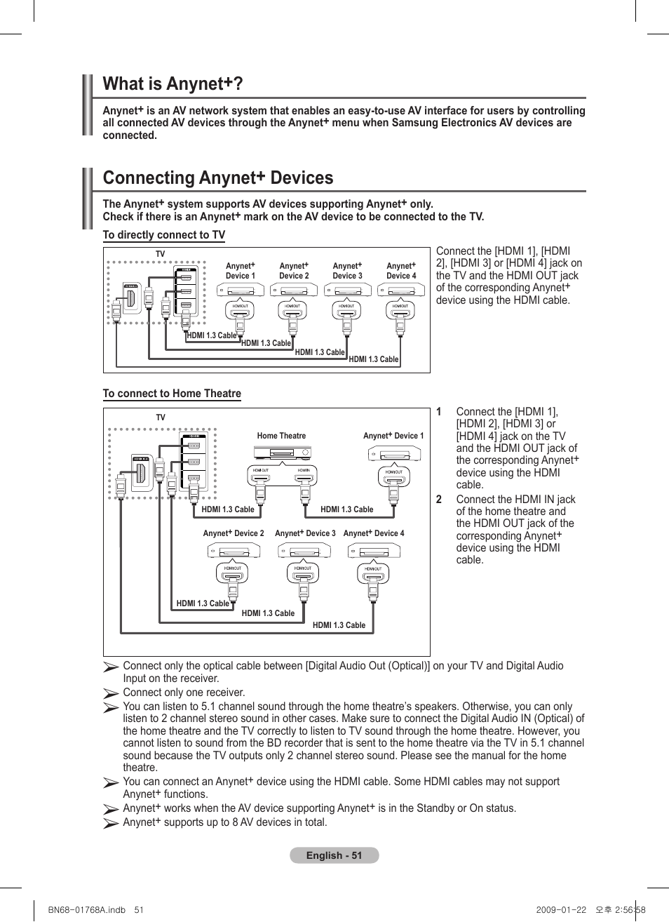 What is anynet, Connecting anynet+ devices | Samsung PS58A656T1F User Manual | Page 51 / 567