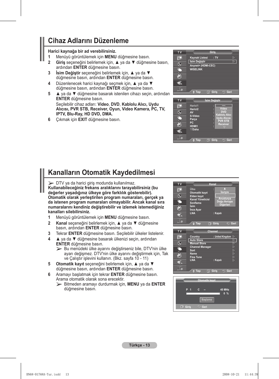 Cihaz adlarını düzenleme, Kanalların otomatik kaydedilmesi | Samsung PS58A656T1F User Manual | Page 516 / 567