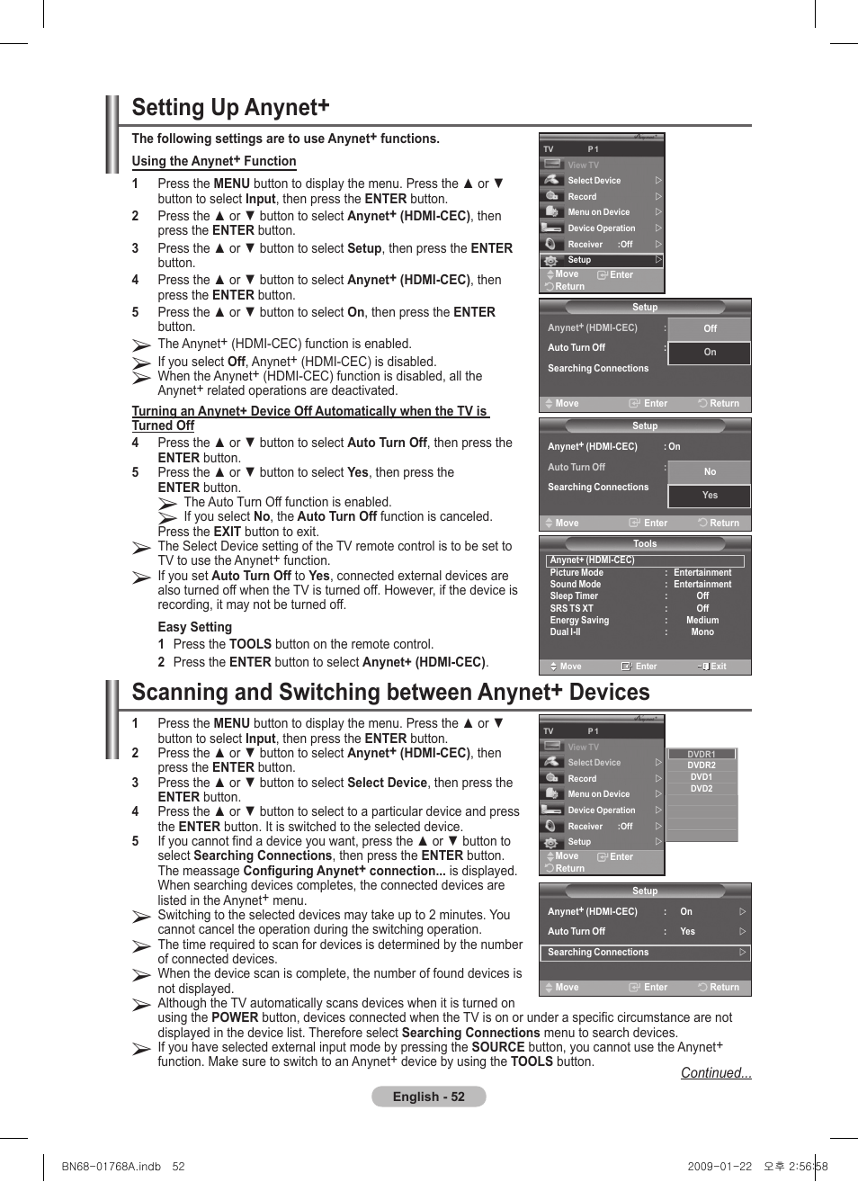 Setting up anynet, Scanning and switching between anynet+ devices | Samsung PS58A656T1F User Manual | Page 52 / 567